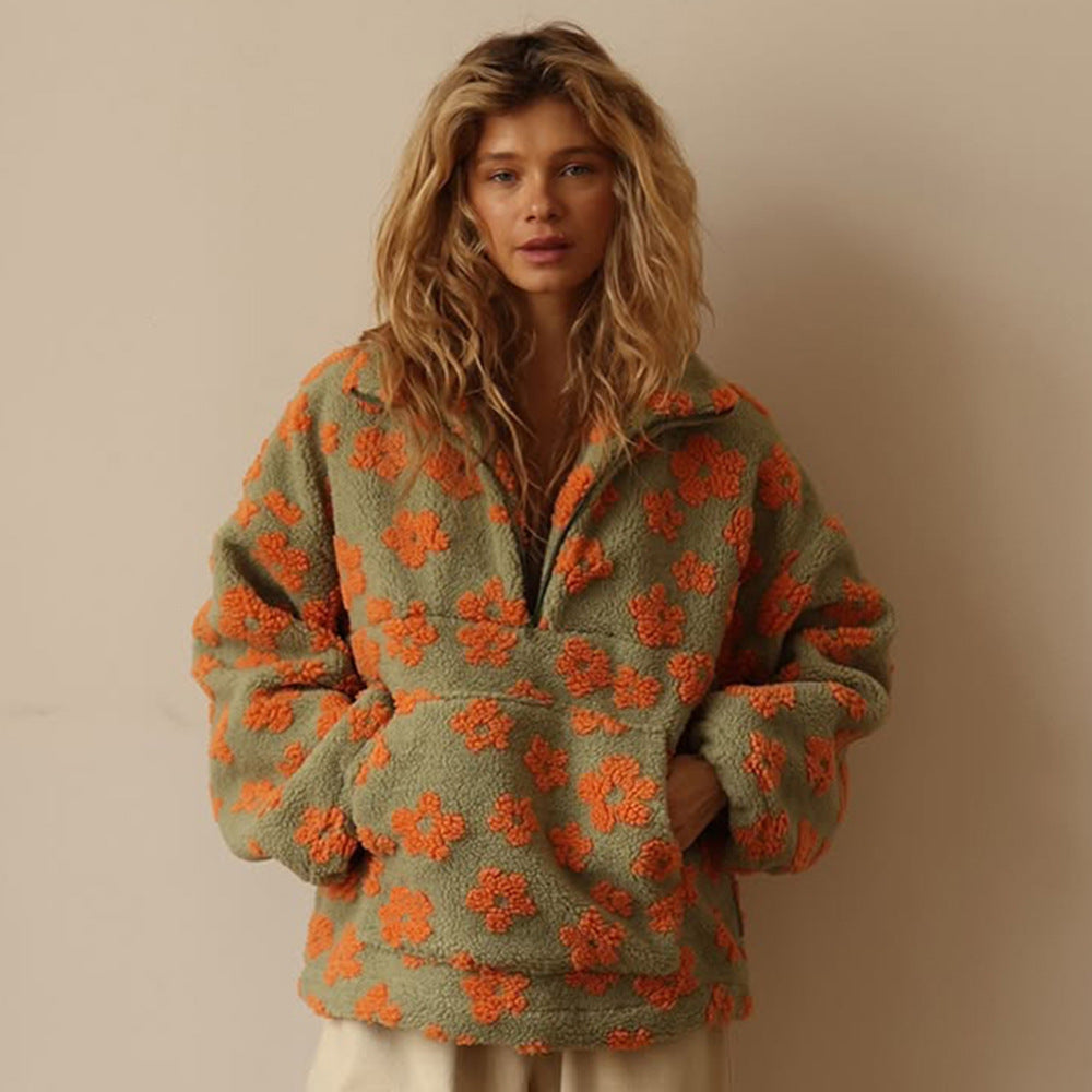 Pull en polaire douce et chaude pour femme, motif floral, idéal pour l'automne et l'hiver.
