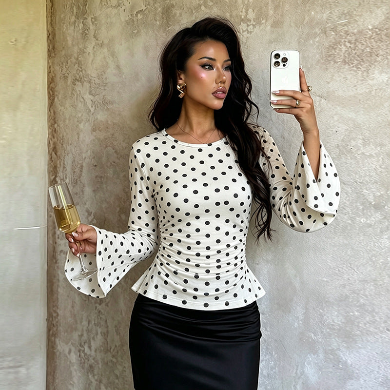 Sexy Summer Polka Dot Large Bell Sleeve Pleated Long Sleeve Cinched Slimming Pullover FREYA