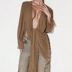 Women Clothing Autumn Solid Color Casual Deep V Plunge neck Long Sleeve Tied Backless Slim Fit T shirt Top HONEYBADGER
