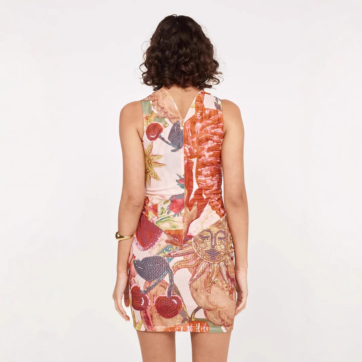 Spring Summer Halter Mesh Printing Dress Elastic Casual Holiday Dress