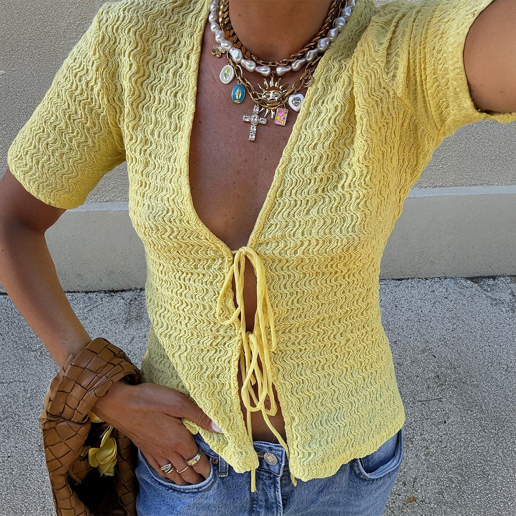 Sexy Short Sleeve Lace up T shirt Top Women Clothing Autumn Winter CKK