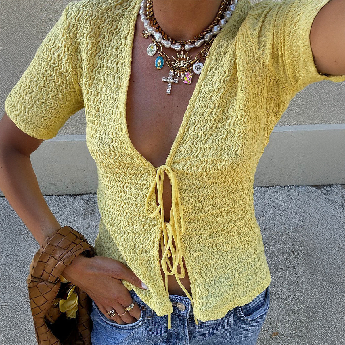 Sexy Short Sleeve Lace up T shirt Top Women Clothing Autumn Winter CKK