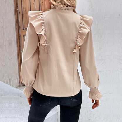 Ropa de mujer Camisa de manga larga con volantes de color liso de primavera para mujer