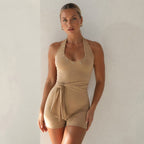 Rivet Halter Women Sports Casual Yoga Workout Clothes Waist Trimming Lace up Slim Fit Slimming Shorts Rompers LingSharp
