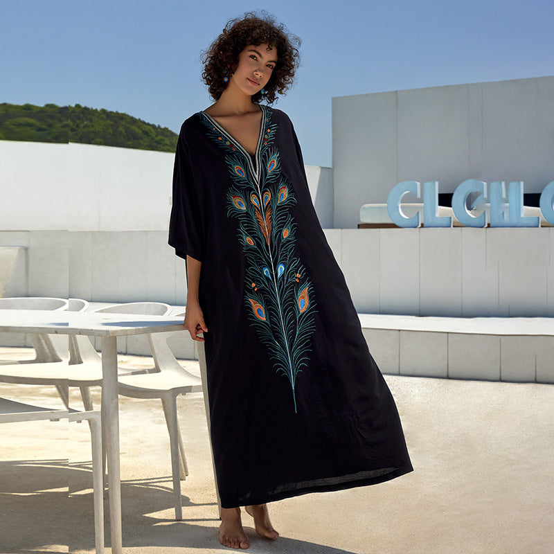 Vestido largo holgado de algodón con estampado para vacaciones, chaqueta de playa, vestido largo, blusa para cubrir bikini