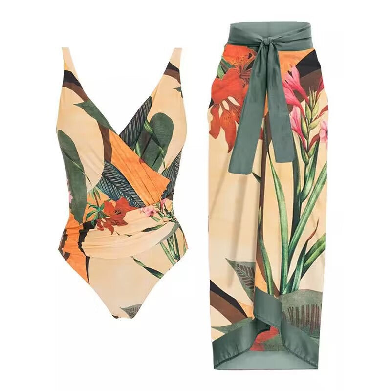 Maillot de bain deux pièces croisé couvrant le ventre, imprimé, dos nu, robe fourreau