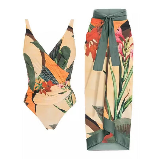 Two Piece Set Swimsuit Cross Belly Covering Printed Backless Sheath Dress Swimsuit