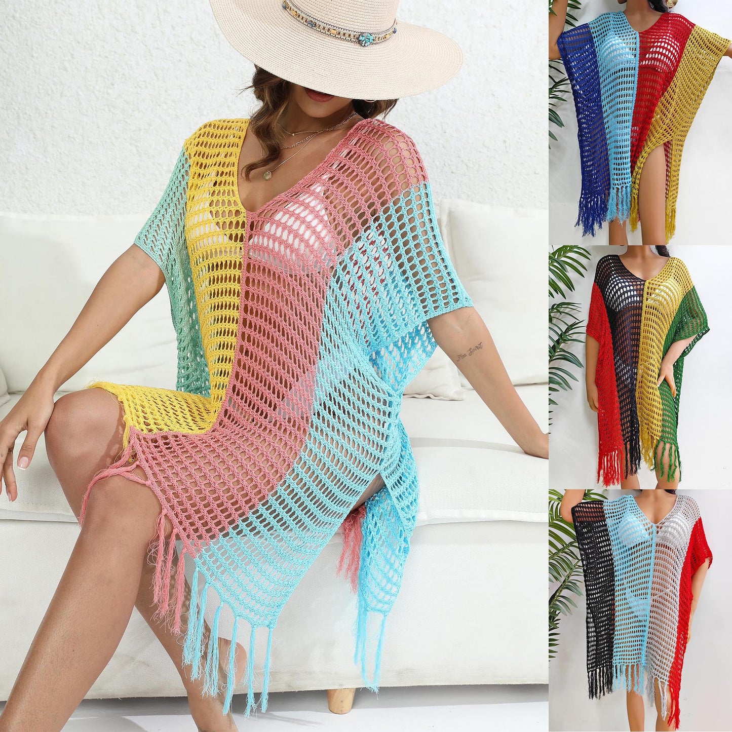 Women Beach Vacation Beach Cover Up Women Clothing Contrast Color Hollow Out Cutout Woven Shirt Sexy Dress