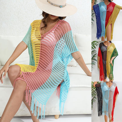 Women Beach Vacation Beach Cover Up Women Clothing Contrast Color Hollow Out Cutout Woven Shirt Sexy Dress