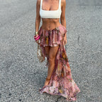 Vacation Dress Summer Floral Print Double Layer Irregular Asymmetric Mop Ruffled Skirt LingSharp