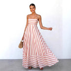Summer Cami Dress Striped Print High Waist Big Swing Vacation Women Dress Zemy