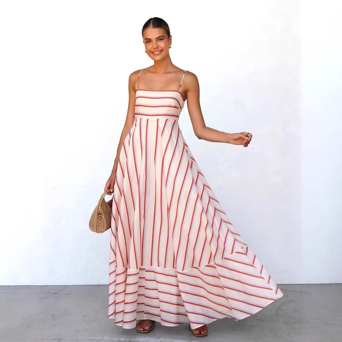 Summer Cami Dress Striped Print High Waist Big Swing Vacation Women Dress Zemy