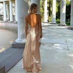 Fall Maxi Dress Socialite Sexy V neck Backless Satin Strap Dress EFFISEN