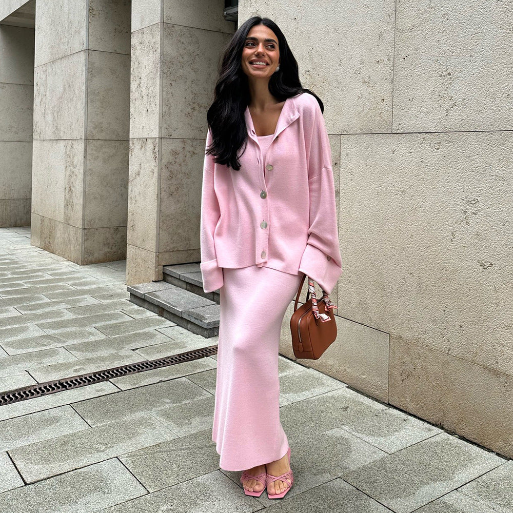 Conjunto de cárdigan de punto de manga larga, camisola y falda para mujer, suéter de otoño e invierno, conjunto de tres piezas