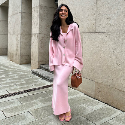 Conjunto de cárdigan de punto de manga larga, camisola y falda para mujer, suéter de otoño e invierno, conjunto de tres piezas