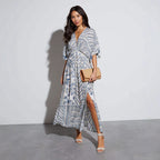 Spring Summer Women Printed Loose Dress Elegant Split Maxi Dress for Women XINXI