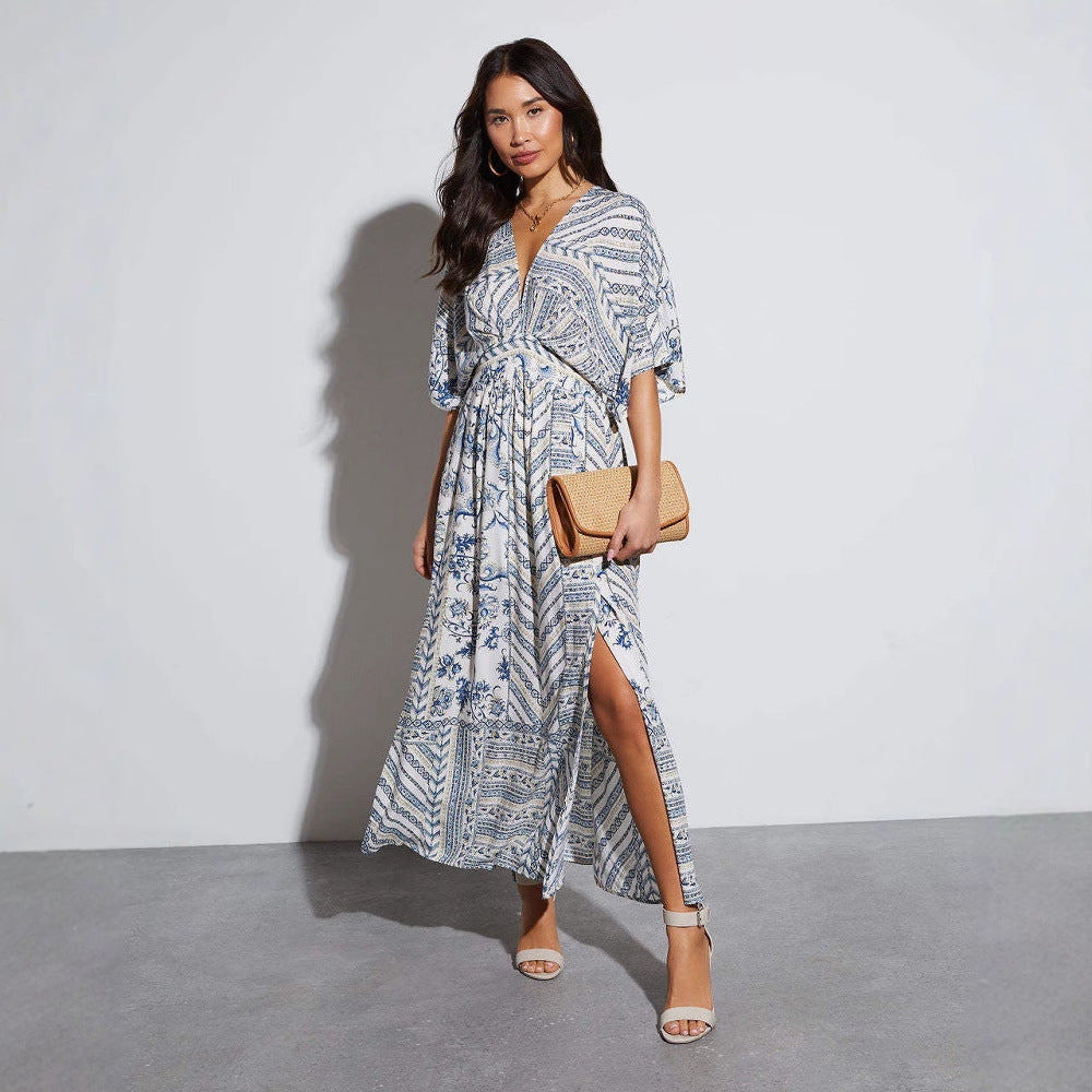 Spring Summer Women Printed Loose Dress Elegant Split Maxi Dress for Women XINXI