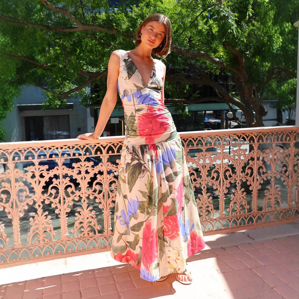 Spring Summer Maxi Dress Internet Celebrity Same Printed Waist Controlled V neck Swing Dress Zemy