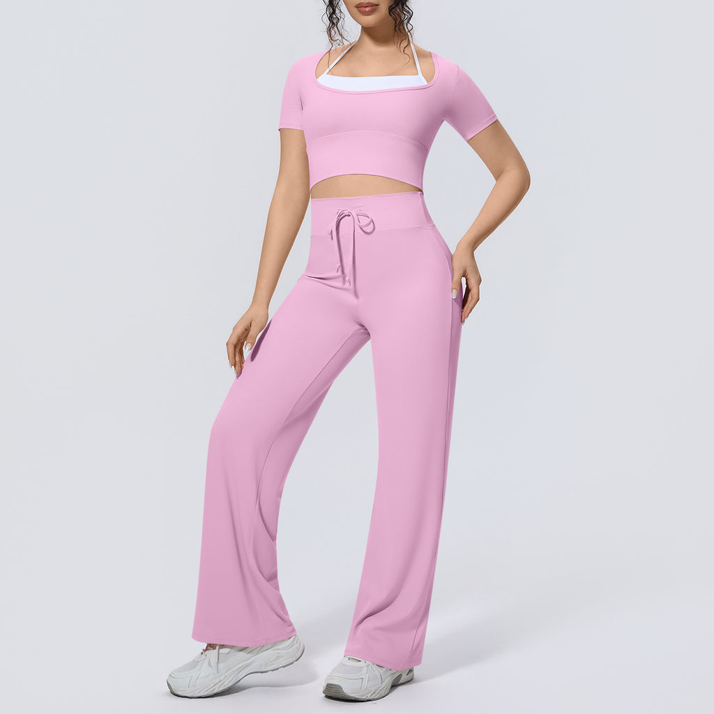 Sports Short Sleeve Color Matching Neck Sling Chest Pad Breathable Wide Leg Pants GA Running Nude Feel Yoga Two Piece Sets Women NESHA