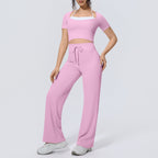 Sports Short Sleeve Color Matching Neck Sling Chest Pad Breathable Wide Leg Pants GA Running Nude Feel Yoga Two Piece Sets Women NESHA