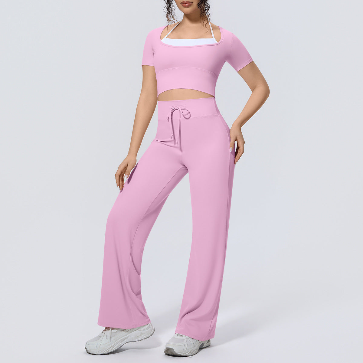 Sports Short Sleeve Color Matching Neck Sling Chest Pad Breathable Wide Leg Pants GA Running Nude Feel Yoga Two Piece Sets Women NESHA