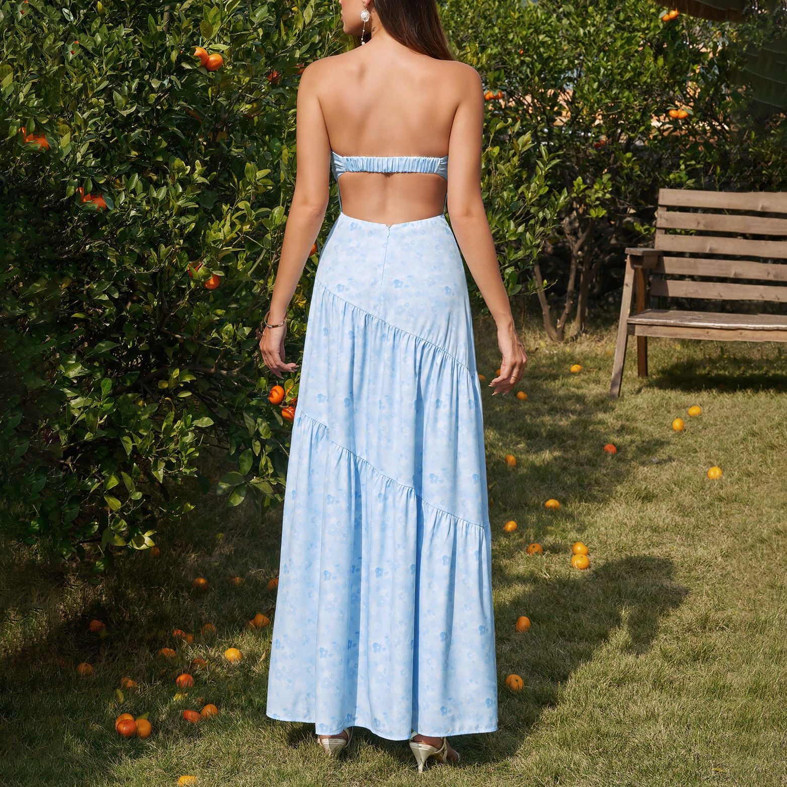 Tube Top Bow Bandage Dress Sexy Backless Pleated Print Maxi Dress SUNSHINE