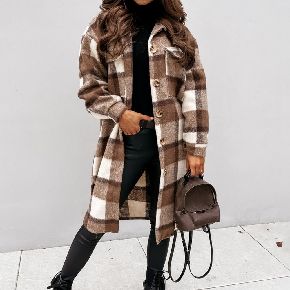 Abrigo largo de lana con cuello y botonadura sencilla para otoño e invierno