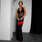 Summer Elegant Black Sexy Backless Lace Stitching Halter Sleeveless Dress for Women FOREVEREIGHTEEN