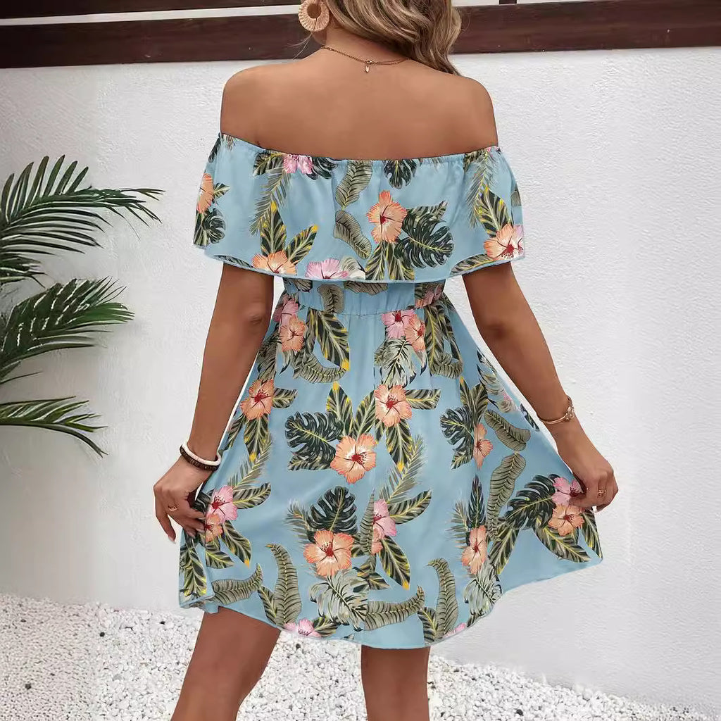 Summer Elegant Ladies Printed off the Shoulder Collar Ruffled Dress Vivish