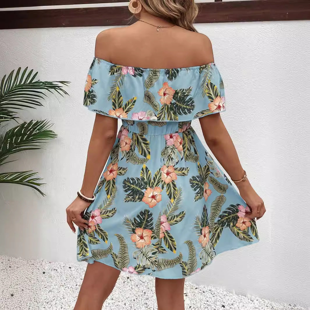 Summer Elegant Ladies Printed off the Shoulder Collar Ruffled Dress Vivish