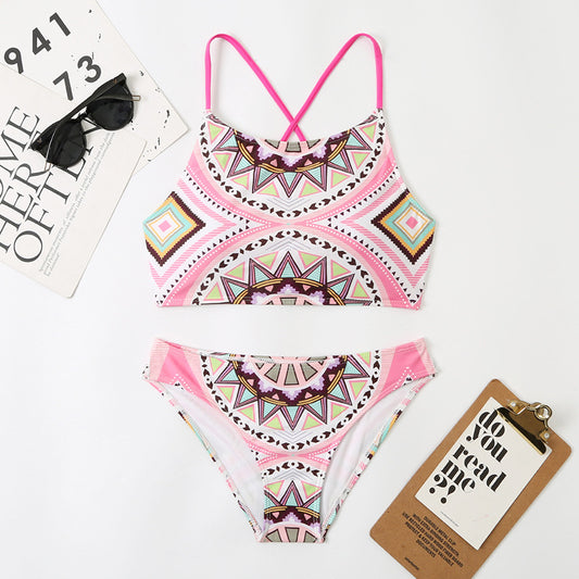 Traje de baño de bikini con bolsillos triangulares divididos con tabla fija con impresión digital para mujer, traje de baño de playa para natación