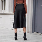 Jupe mi-longue en satin taille haute, automne-hiver, femme, fermeture éclair.