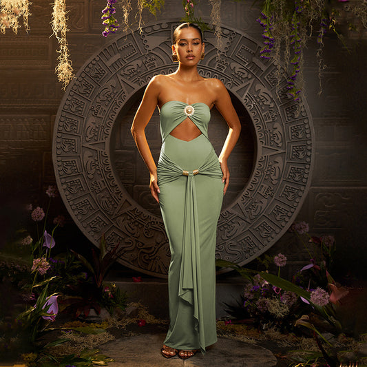 Summer Sexy Package Hip Maxi Dress Sexy Tube Top Solid Color Pleated Dress