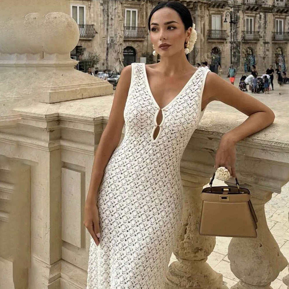 Vestido de verano sexy sin mangas con aberturas, de punto, para playa, sin espalda, de alta calidad para mujer