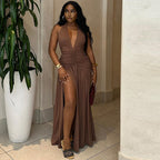 Women Clothing Solid Color Dress Sexy Sleeveless Deep V Plunge Neck Split Casual Waist Controlled Dress Kinci