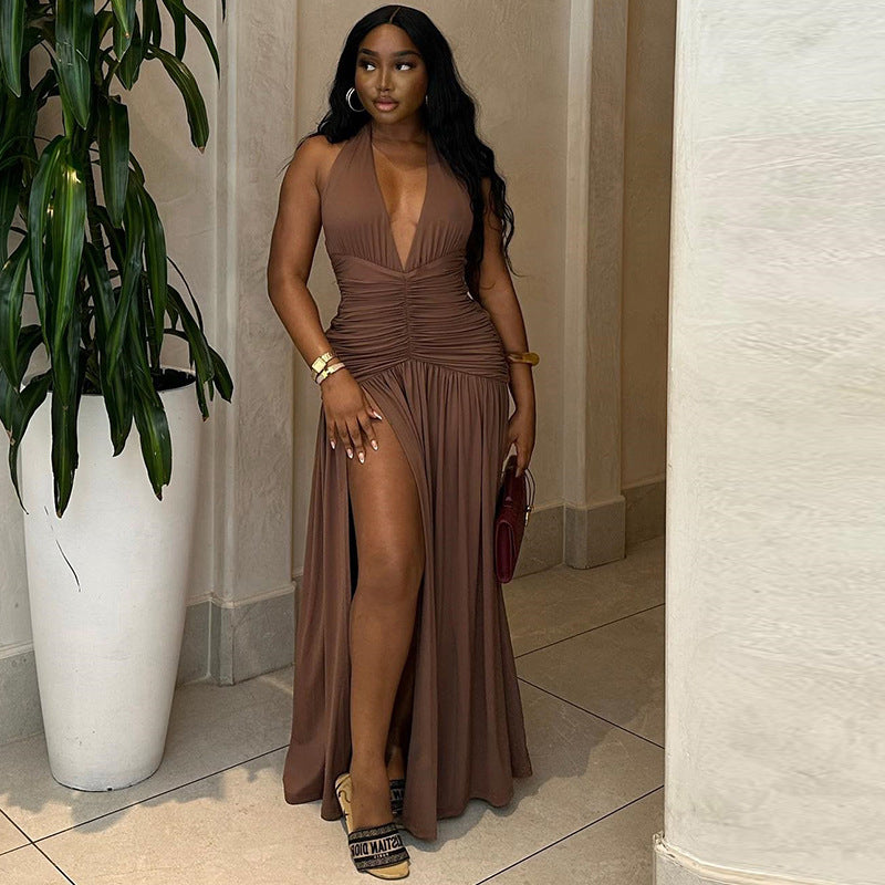 Women Clothing Solid Color Dress Sexy Sleeveless Deep V Plunge Neck Split Casual Waist Controlled Dress Kinci