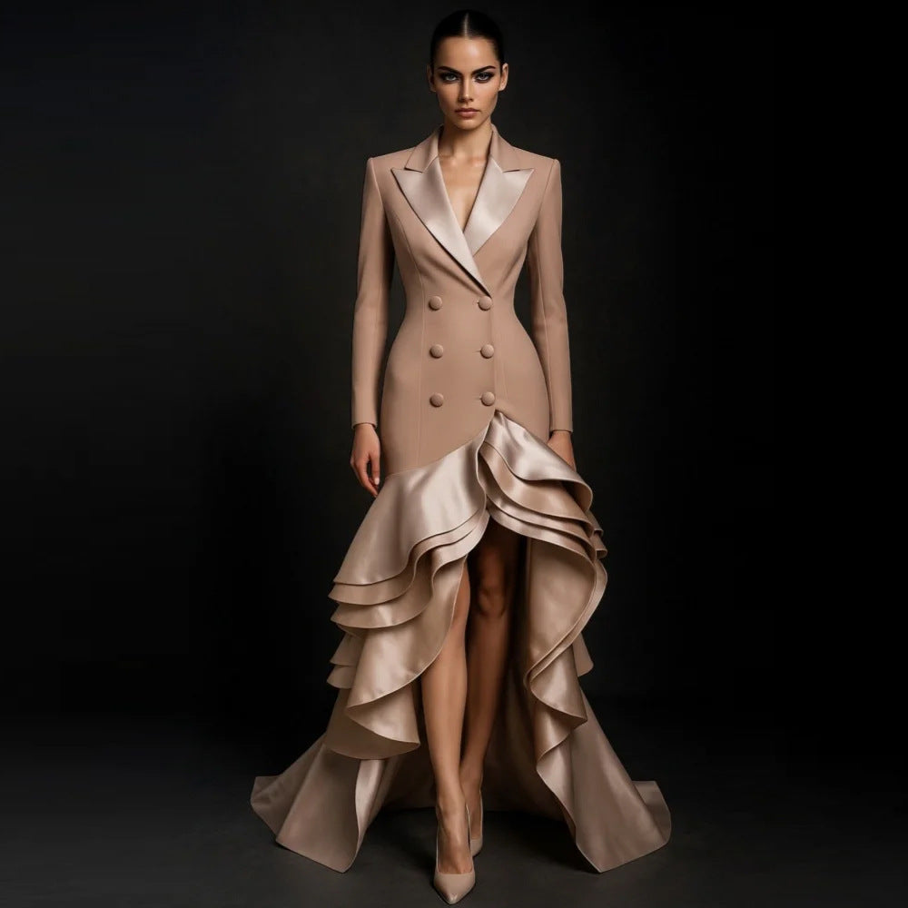 Dinner Formal Dress Tailored Collar Ruffled Double Breasted Slim Fit Maxi Dress Olady