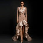 Dinner Formal Dress Tailored Collar Ruffled Double Breasted Slim Fit Maxi Dress Olady