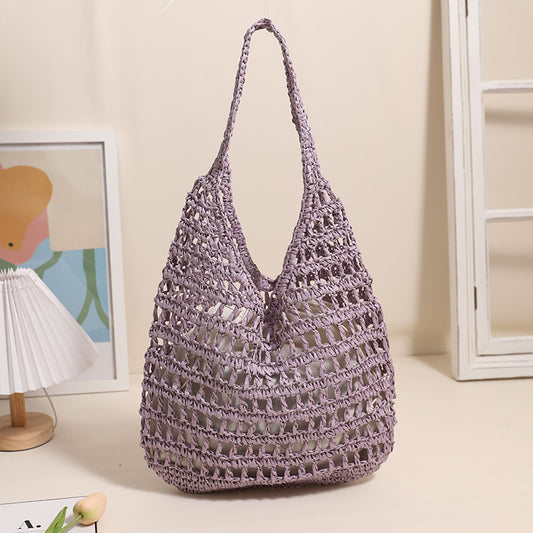 Bolso de hombro francés de paja de gran capacidad, bolso de mano con recortes, bolso de paja portátil, bolso tejido, bolso de playa para vacaciones en la playa 