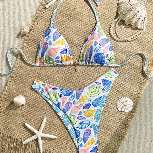 Ladies Sexy Fresh Ocean Print Halter Lace up Triangle Split Swimsuit