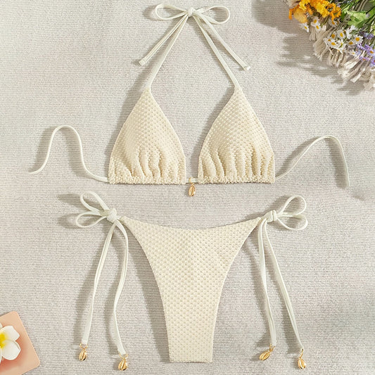 Bikini de color liso con lazo y abertura para mujer, traje de baño de playa de primavera