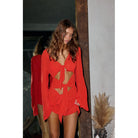 Three Point Banded Bikini Sexy Backless Long Sleeves Mesh Outer Wear Pleating Split Swimsuit Women Thunder