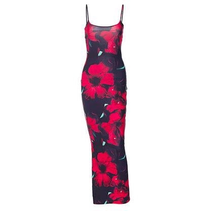 Printed U Neck Strap Slim Fit Sexy Women Dress