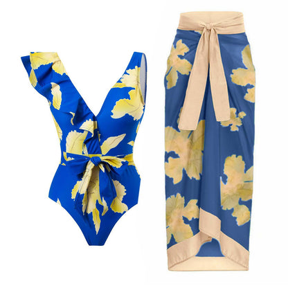 Traje de baño sexy para mujer, traje de baño vintage con volantes, bikini de gasa, conjunto de falda de playa