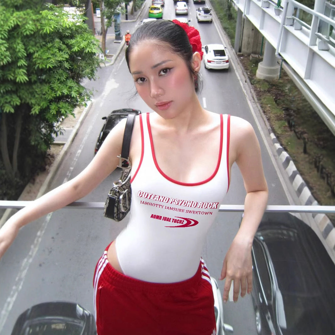 Street Letters Multicolor Printing Sling Body Shaping Corsets Sexy U Collar Backless Shaping Top