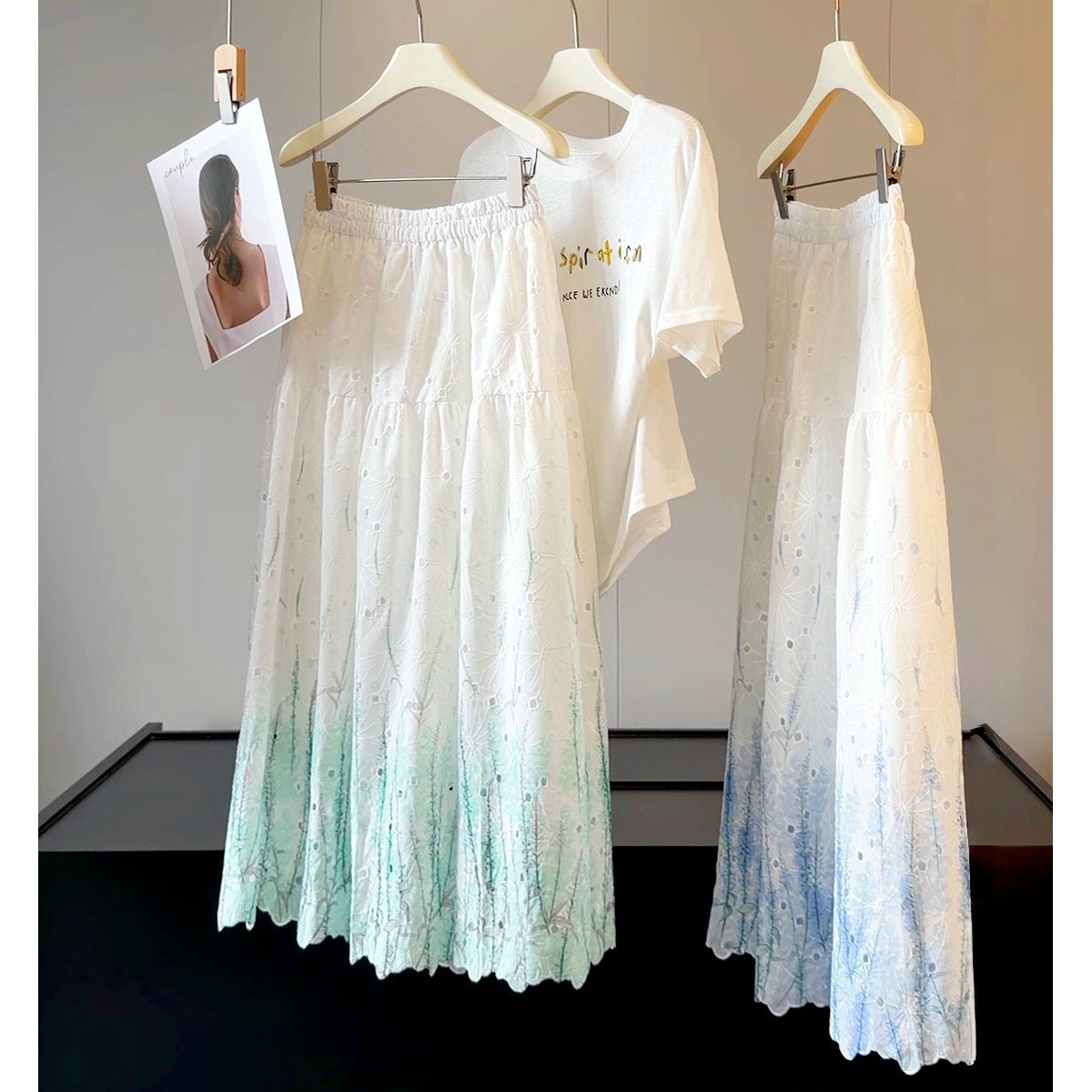 Gentle Gradient Color Embroidered Skirt Women Summer Elastic High Waist Hollow Out Cutout out Floral Stitching Cake Swing Skirt Sunnygrace