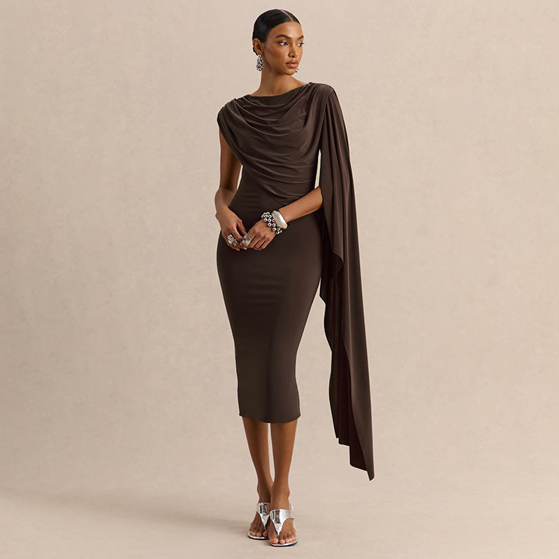 Women Clothing Summer Solid Color Casual Shawl Sleeveless Irregular Asymmetric Swing Collar Slim Dress HONEYBADGER