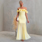 Spring Summer Solid Color Mesh Slim Fit Sexy Vacation off Shoulder Dress XUYUN