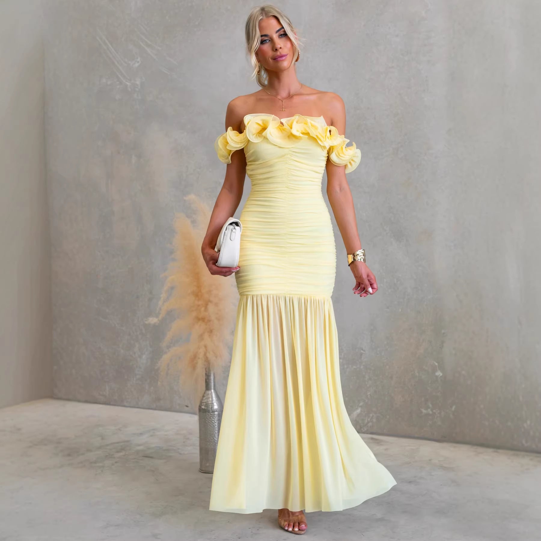 Spring Summer Solid Color Mesh Slim Fit Sexy Vacation off Shoulder Dress XUYUN