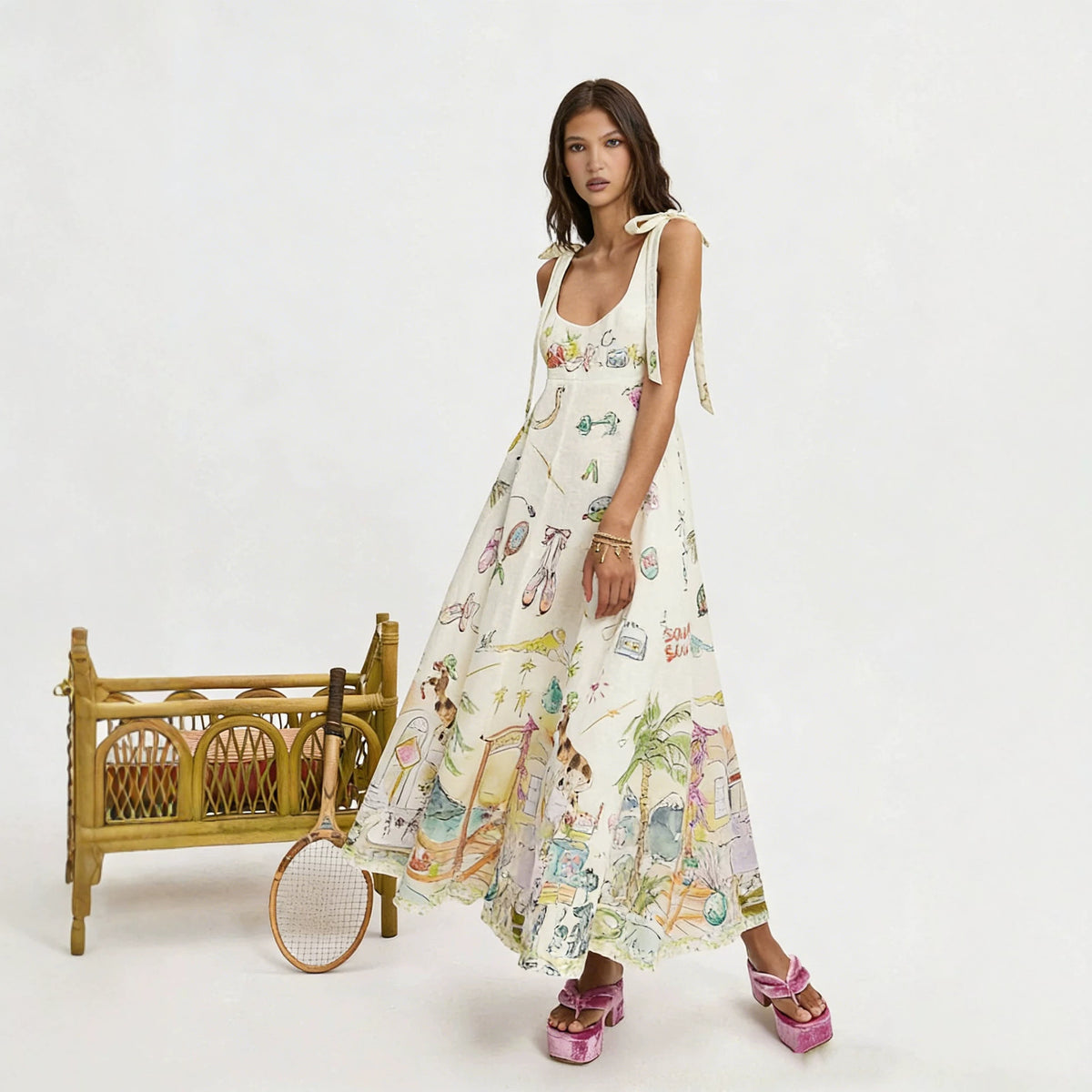 Vintage Floral Print Lace up Suspender Dress Long Dress Women Bohemian Summer Niche Dress XINXI